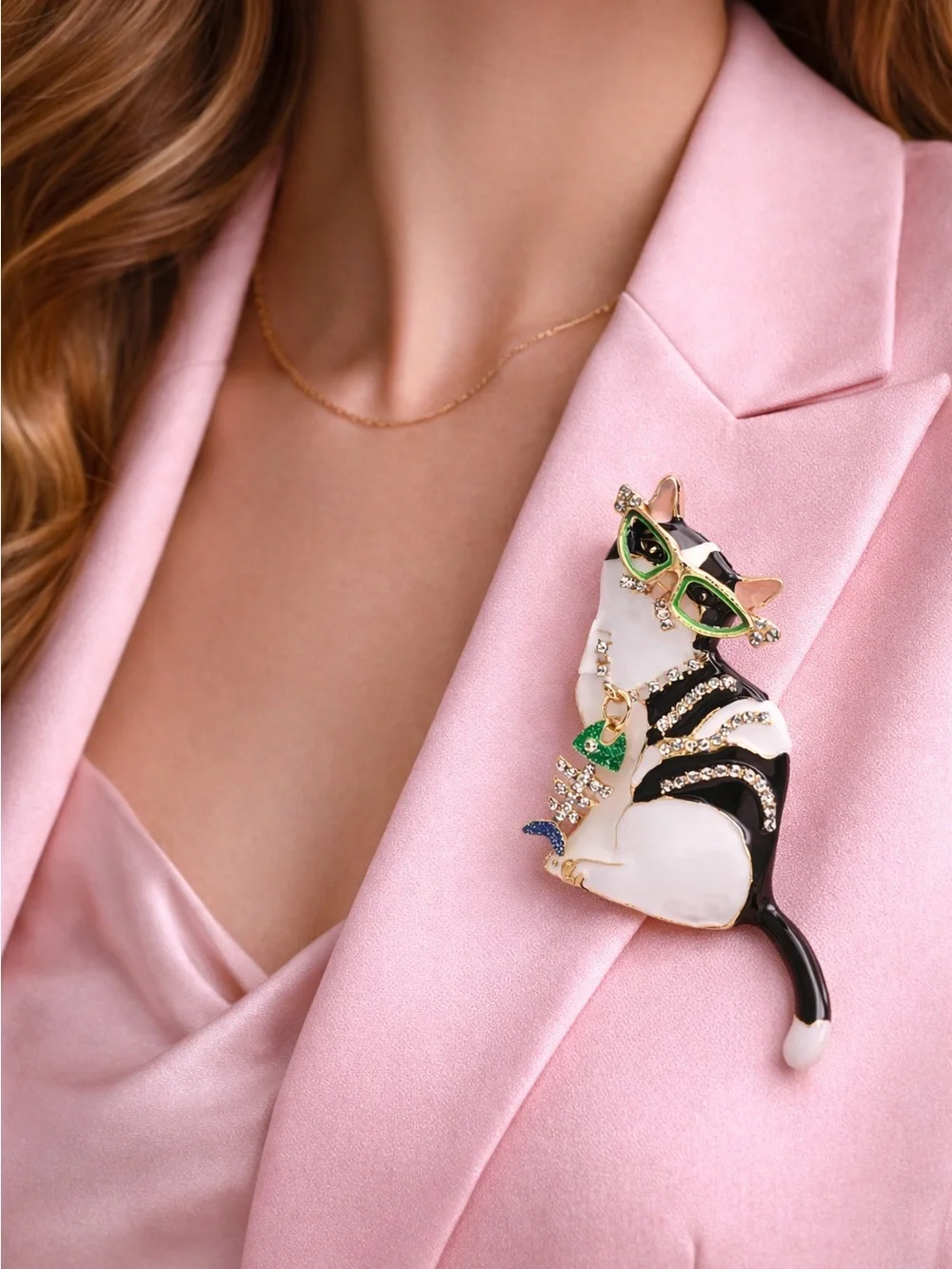 Anthropologie Black White Cat Brooch with Green Glasses and Gold Accents